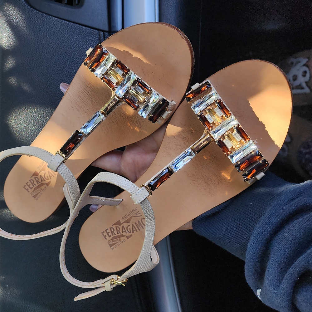 Salvatore Ferragamo Women's Tan Sandals with Crystal Accents